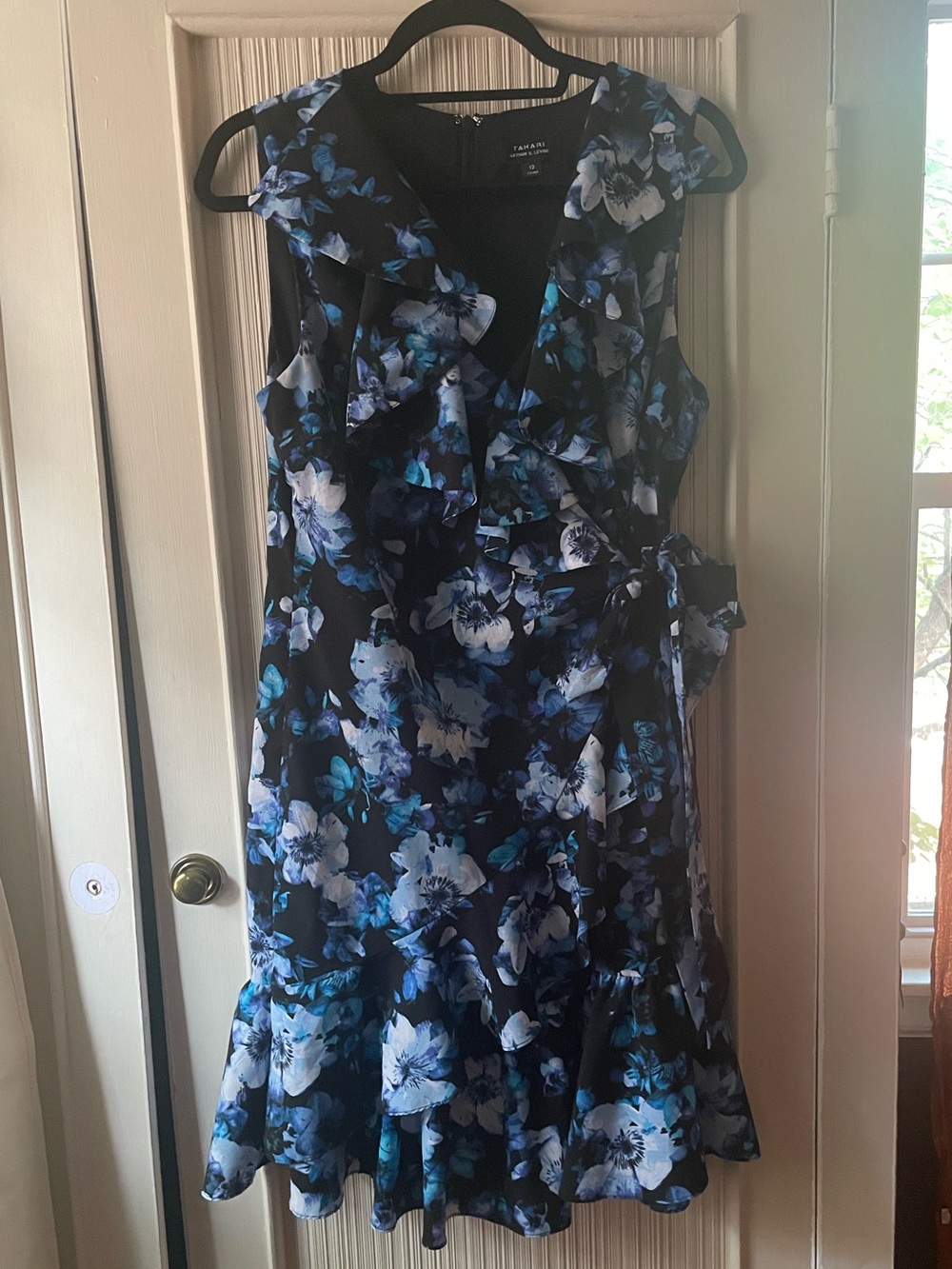 Tahari ASL Navy and Blue Floral Ruffle Wrap Midi Dress